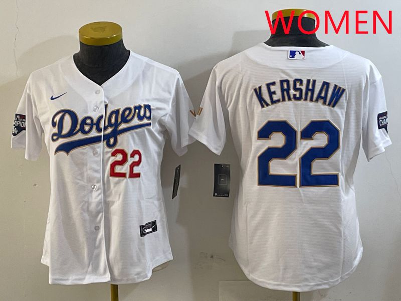 Women Los Angeles Dodgers #22 Kershaw White Gold Game 2025 Nike MLB Jersey style 8->youth mlb jersey->Youth Jersey